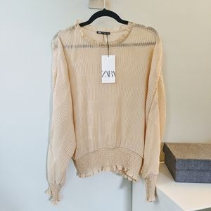 NWT Zara nude pleated puff sleeves blouse size M